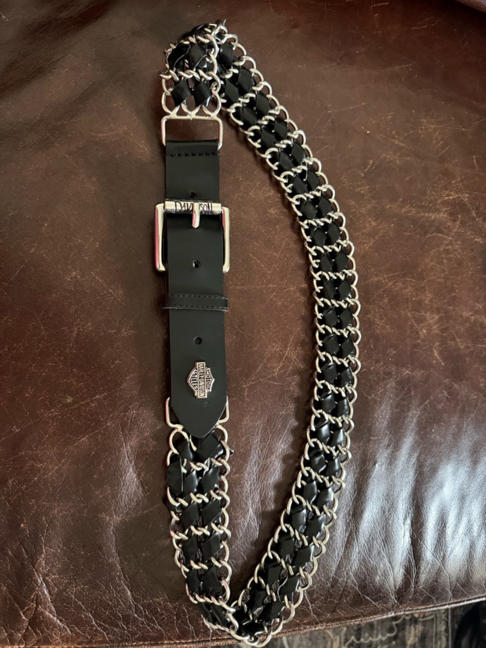 Harley-Davidson Black Leather and Silver Chain Strap